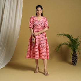  Pink Block Print Cotton Frill Sanganeri Dress
