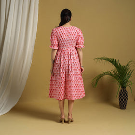  Pink Block Print Cotton Frill Sanganeri Dress