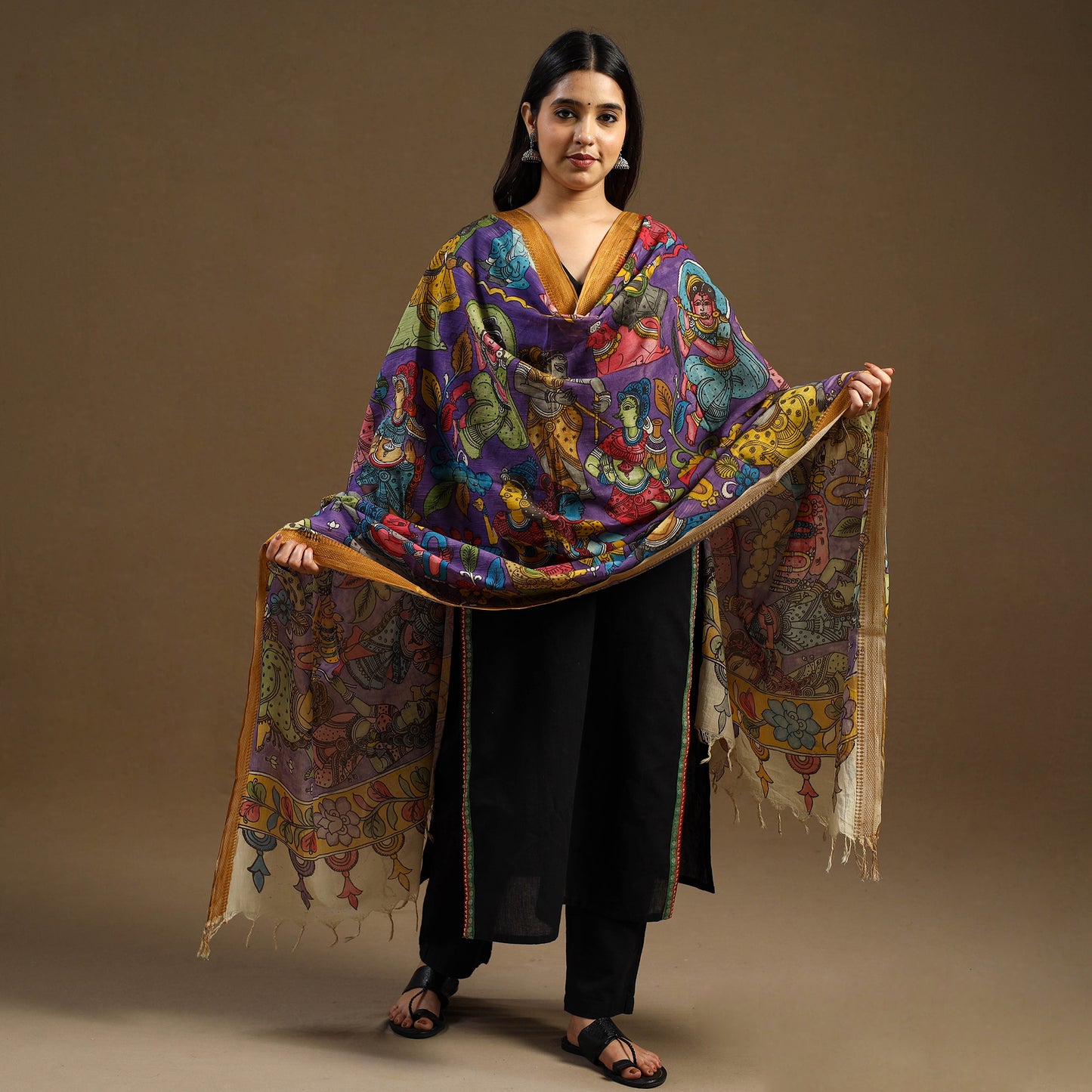 Purple Pen Work Chanderi Silk Handpainted Kalamkari Dupatta