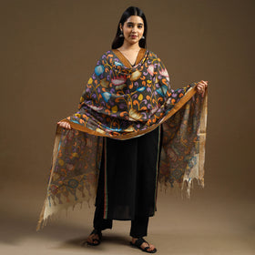 Grey Pen Work Chanderi Silk Handpainted Kalamkari Dupatta