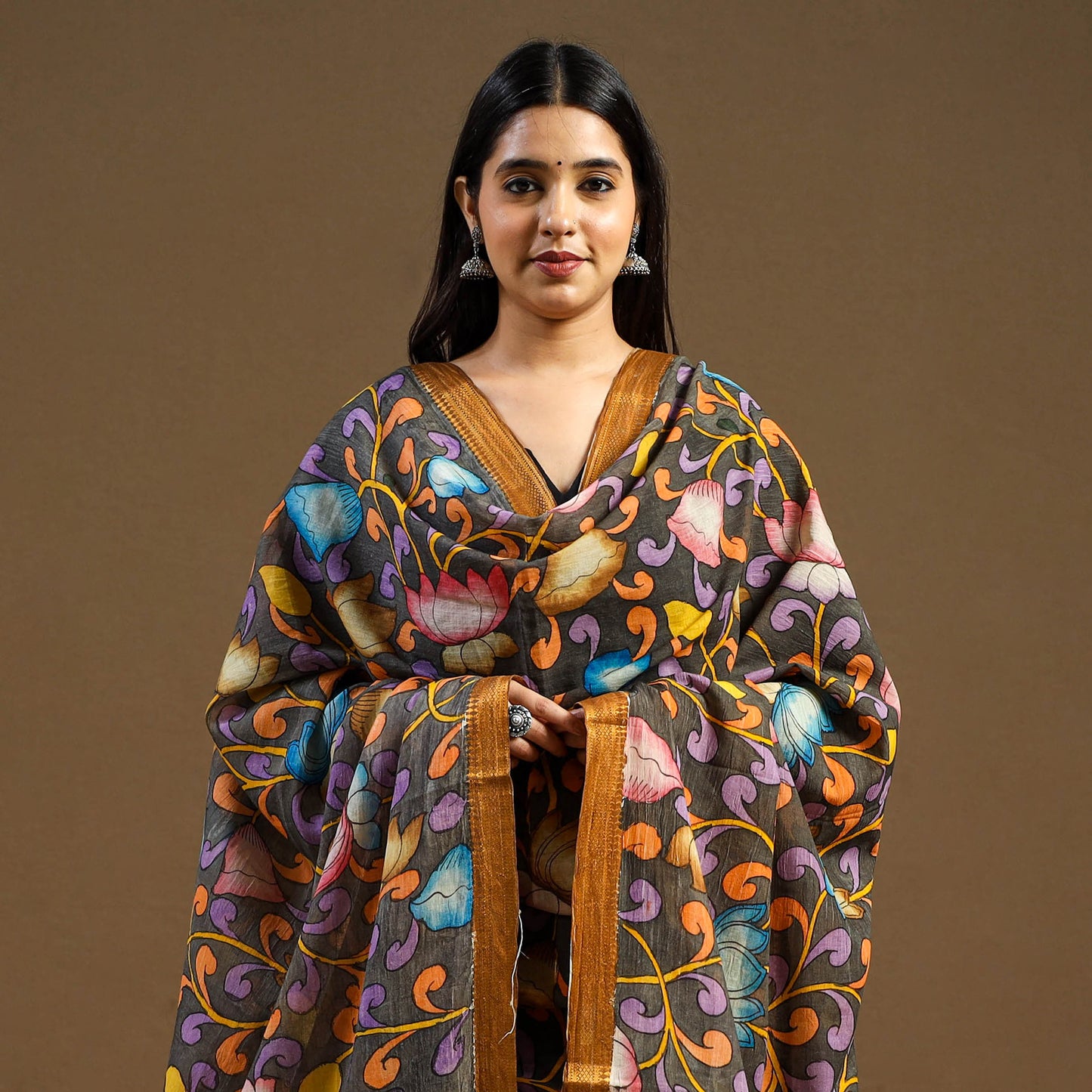 Grey Pen Work Chanderi Silk Handpainted Kalamkari Dupatta