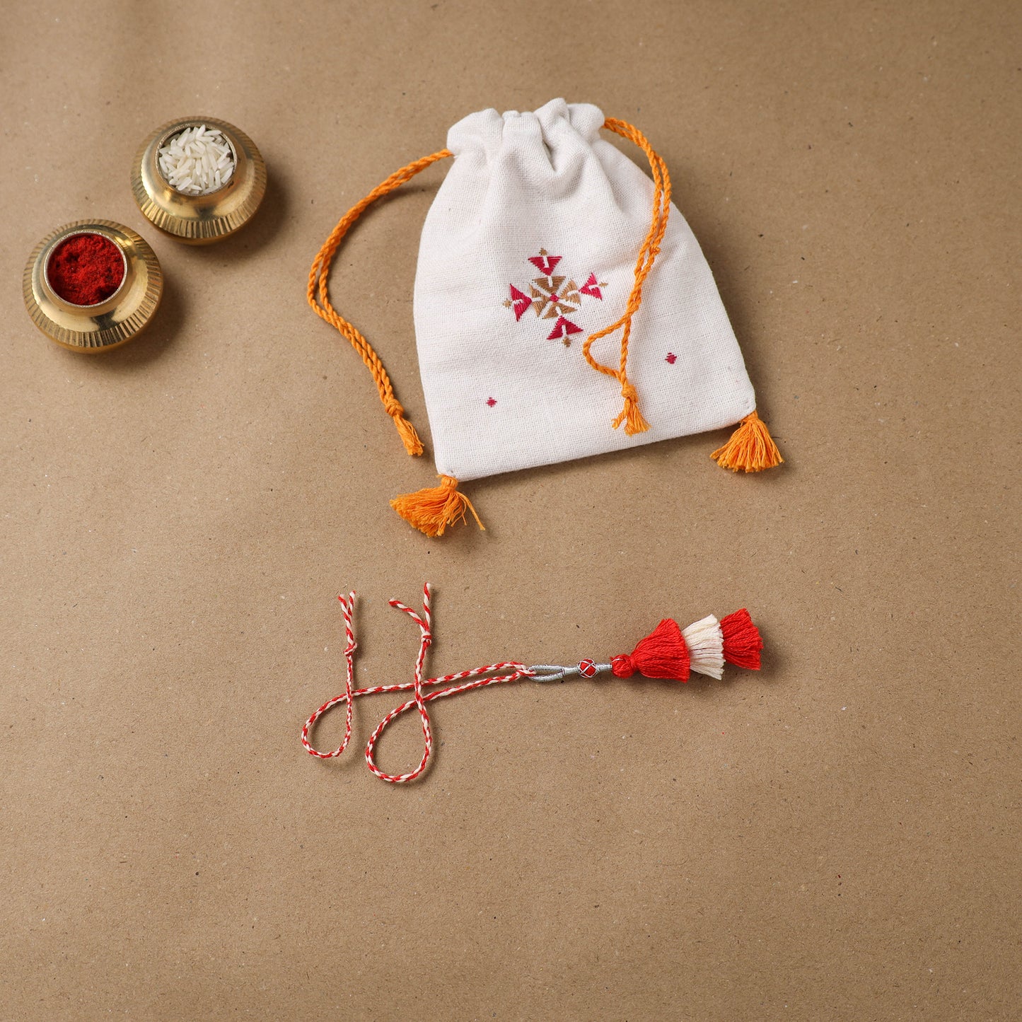 Anant Raksha Thread Work Lumba Rakhi with Soof Hand Embroidered Potli 45