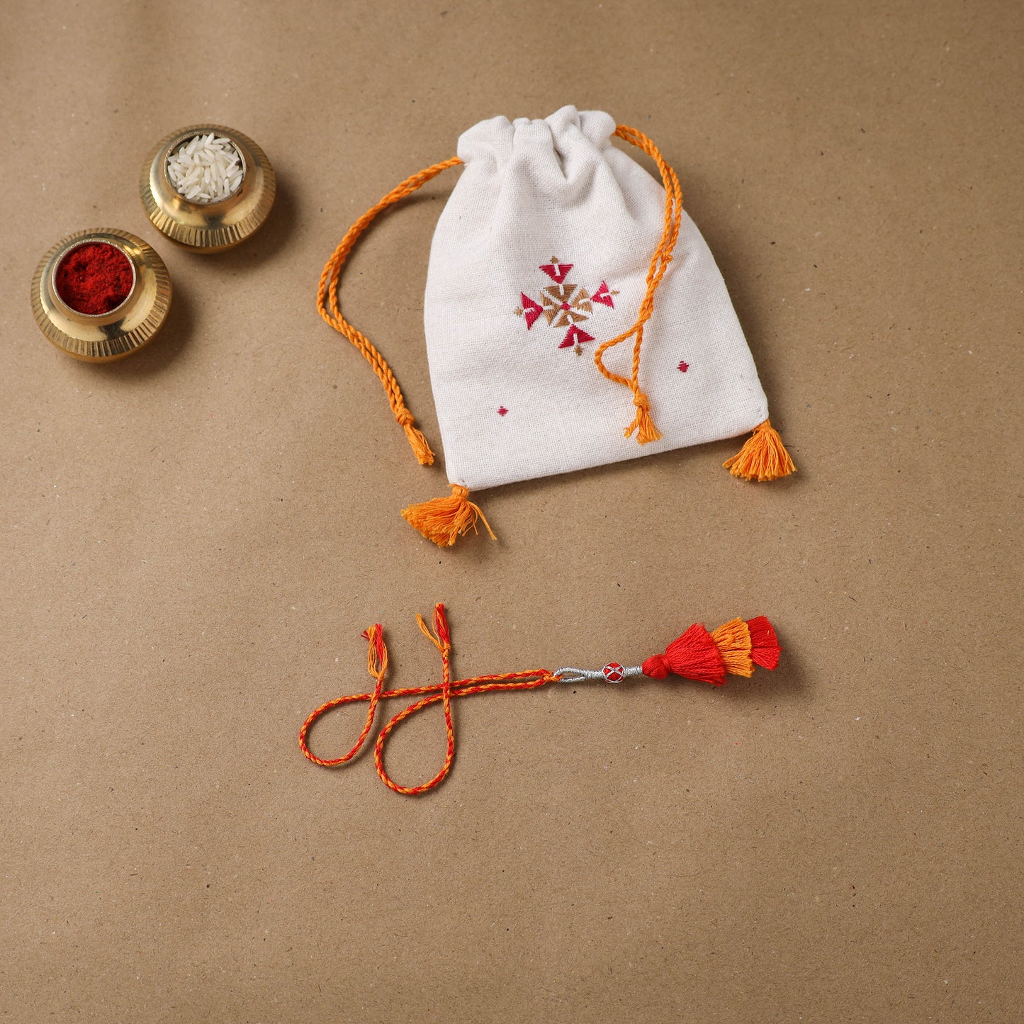 Anant Raksha Thread Work Lumba Rakhi with Soof Hand Embroidered Potli 46
