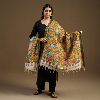 Yellow Pen Work Chanderi Silk Handpainted Kalamkari Dupatta