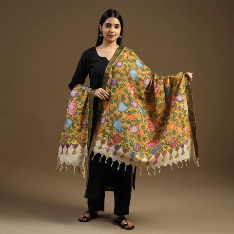 Yellow Pen Work Chanderi Silk Handpainted Kalamkari Dupatta