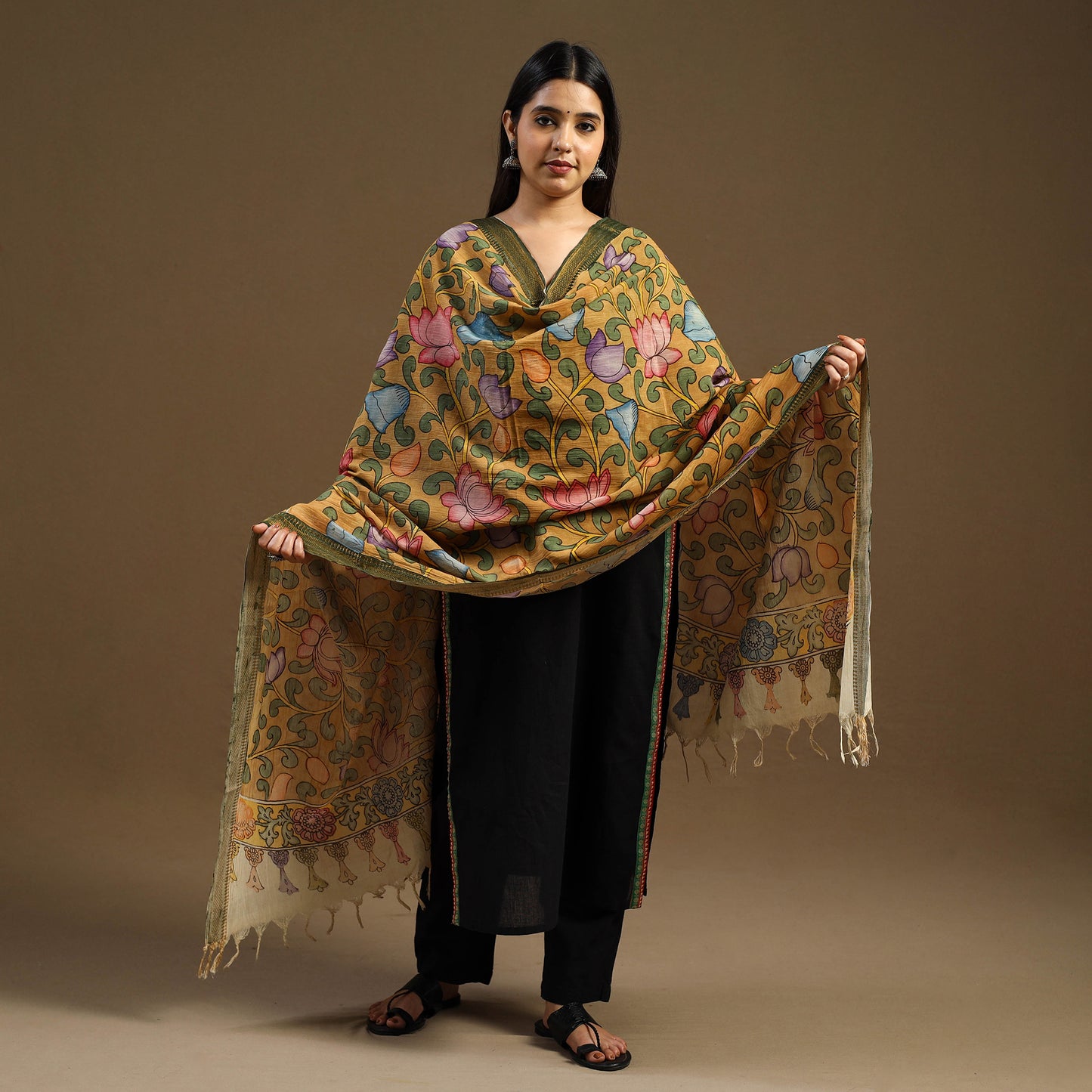 Yellow Pen Work Chanderi Silk Handpainted Kalamkari Dupatta