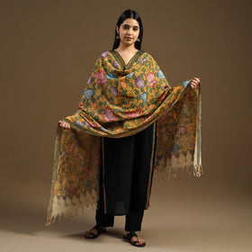 Yellow Pen Work Chanderi Silk Handpainted Kalamkari Dupatta