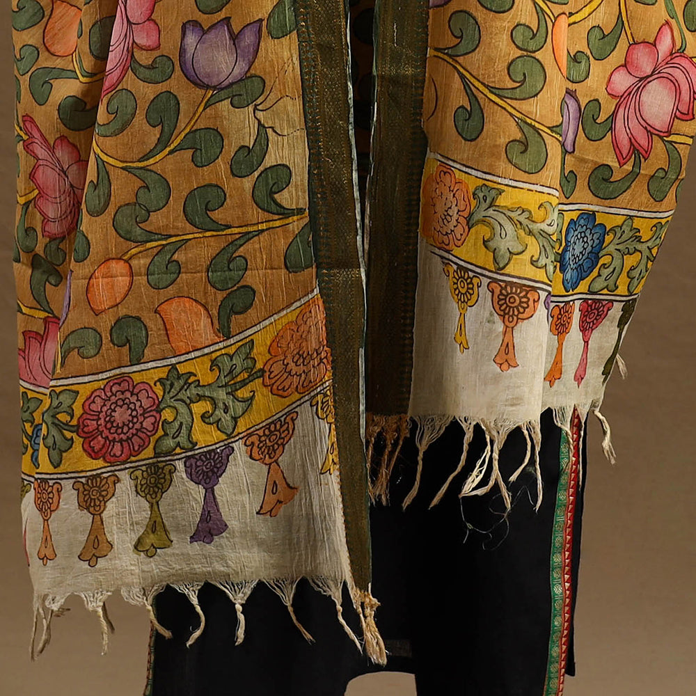 Yellow Pen Work Chanderi Silk Handpainted Kalamkari Dupatta