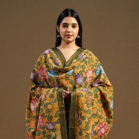 Yellow Pen Work Chanderi Silk Handpainted Kalamkari Dupatta