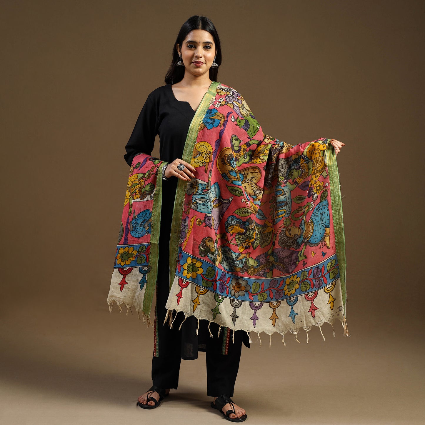 Pen Work Chanderi Silk Handpainted Kalamkari Dupatta