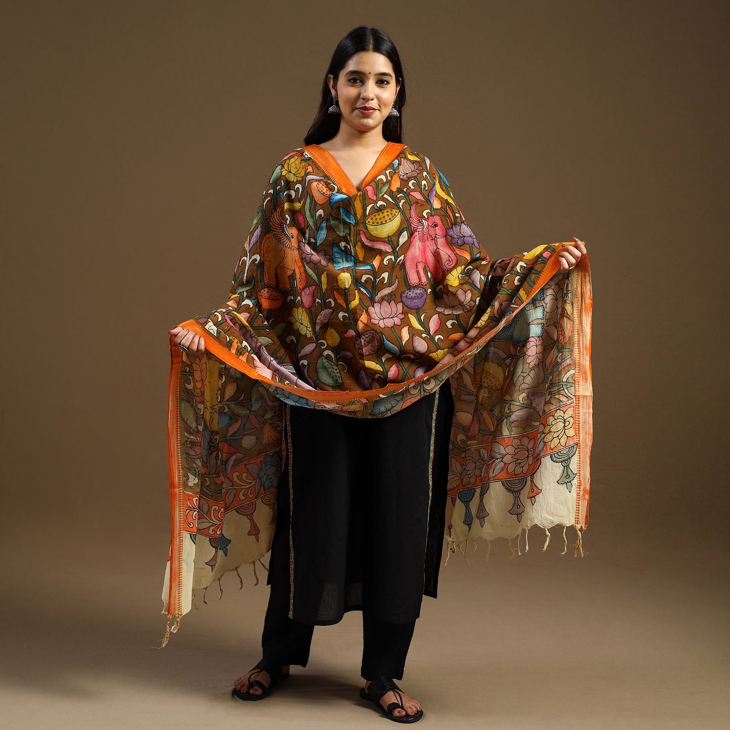 Pen Work Chanderi Silk Handpainted Kalamkari Dupatta