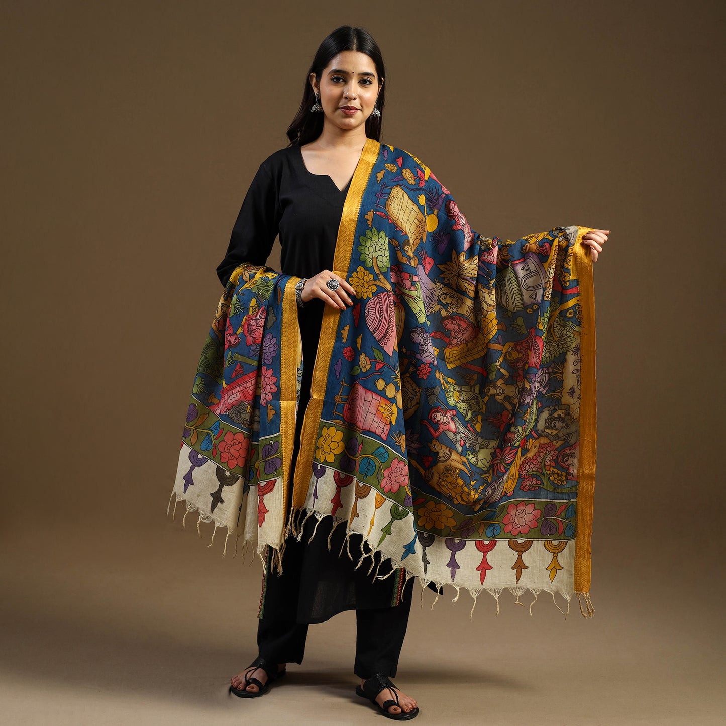 Pen Work Chanderi Silk Handpainted Kalamkari Dupatta