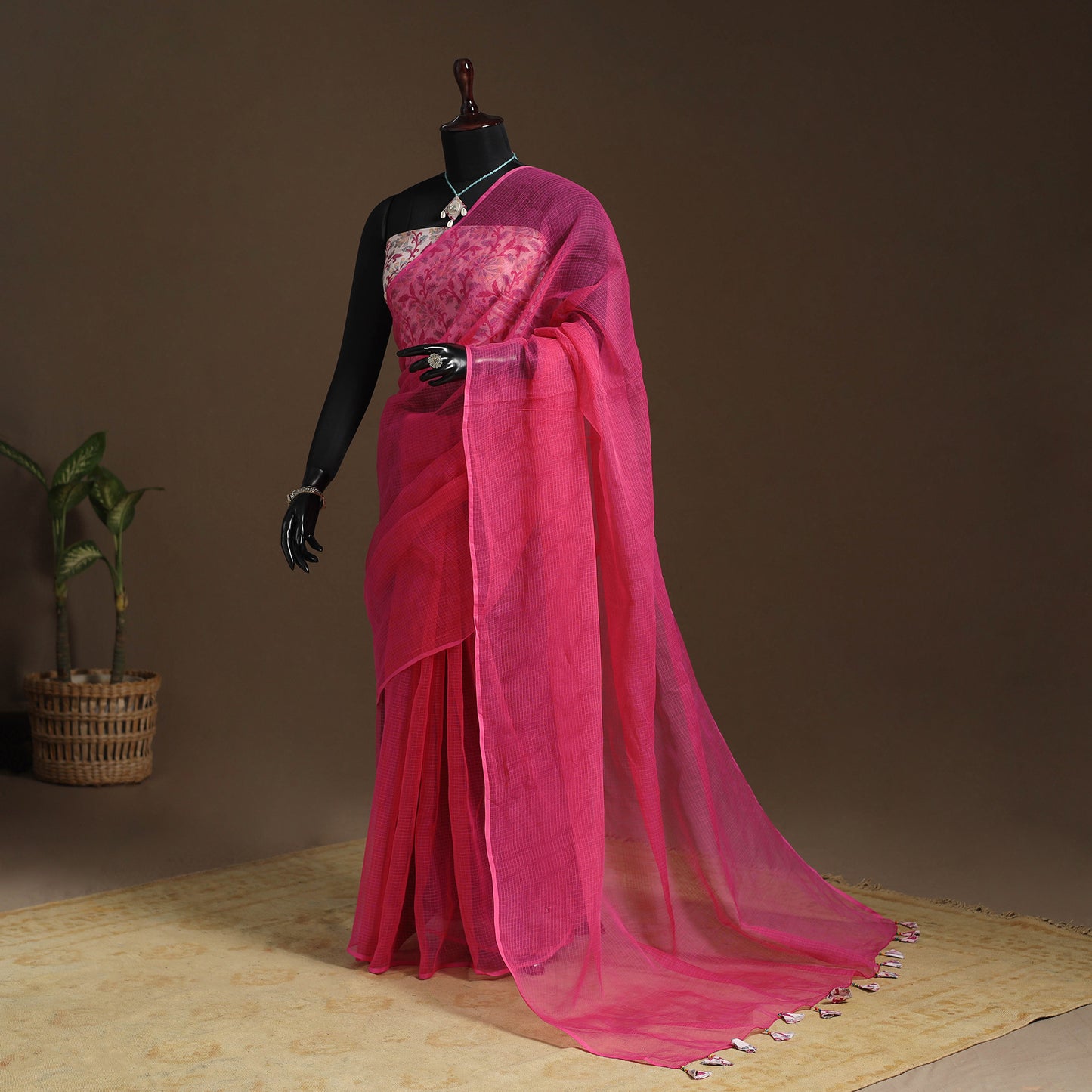 Pink Nazaakat Kota Doria Cotton Saree with Blouse and Jewellery