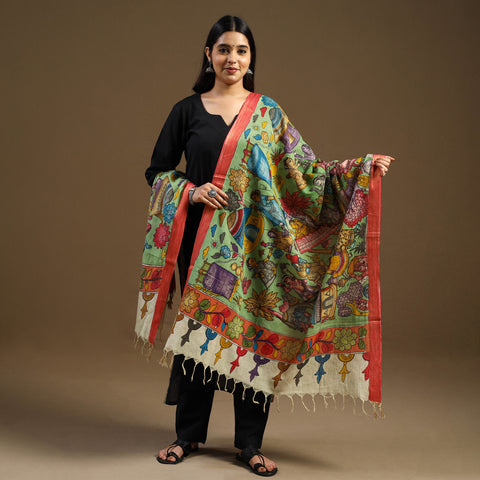 Pen Work Chanderi Silk Handpainted Kalamkari Dupatta