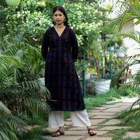 Dark Brown - Bagh Block Printed Cotton A-Line Kurta