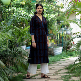 Dark Brown - Bagh Block Printed Cotton A-Line Kurta