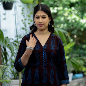 Dark Brown - Bagh Block Printed Cotton A-Line Kurta