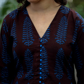 Dark Brown - Bagh Block Printed Cotton A-Line Kurta