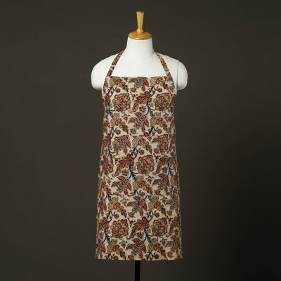 Beige Kalamkari Block Print Cotton Apron with Pocket