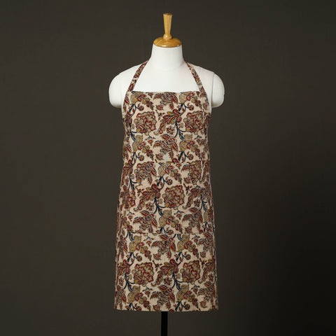 Beige Kalamkari Block Print Cotton Apron with Pocket
