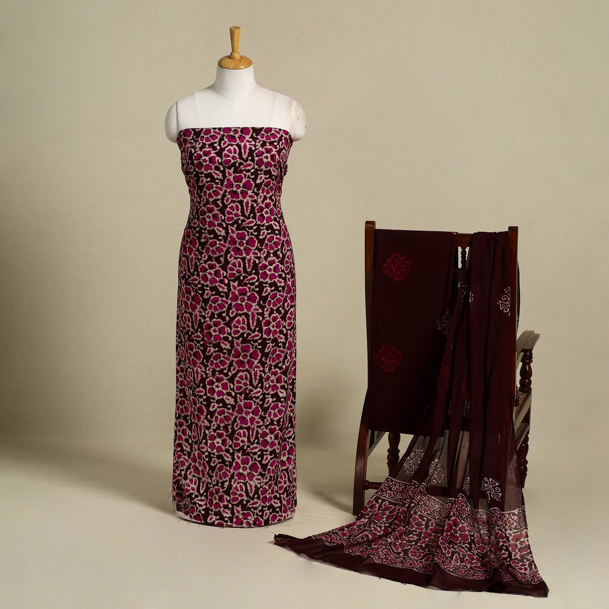 Pink 3pc Cotton Hand Batik Print Unstitched Dress Material Suit Sets
