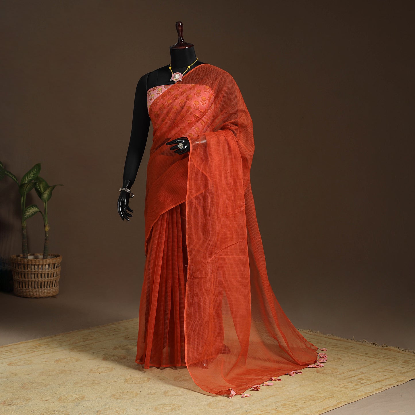 Orange Nazaakat Kota Doria Cotton Saree with Blouse and Jewellery