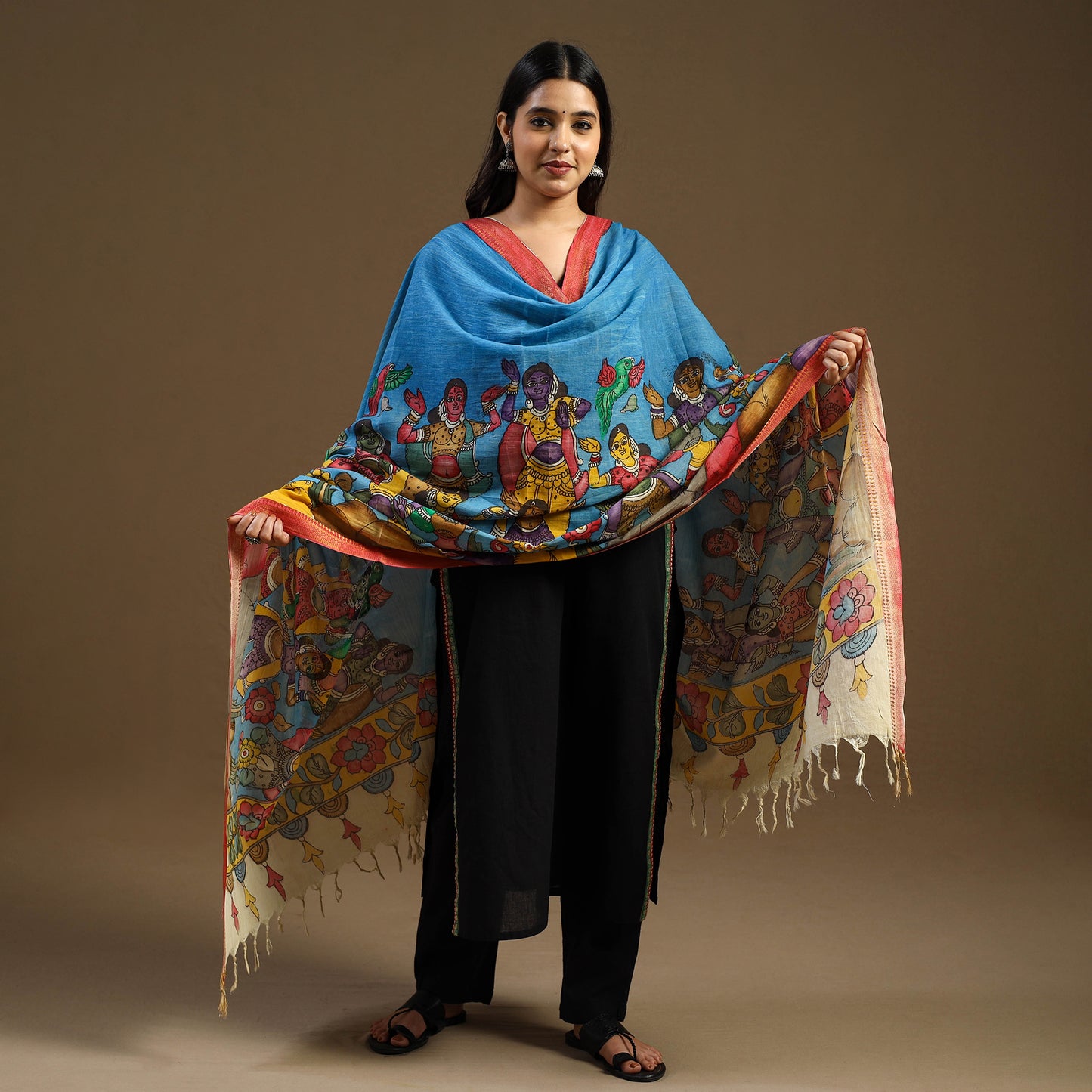 Pen Work Chanderi Silk Handpainted Kalamkari Dupatta