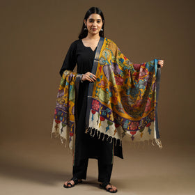 Yellow Pen Work Chanderi Silk Handpainted Kalamkari Dupatta