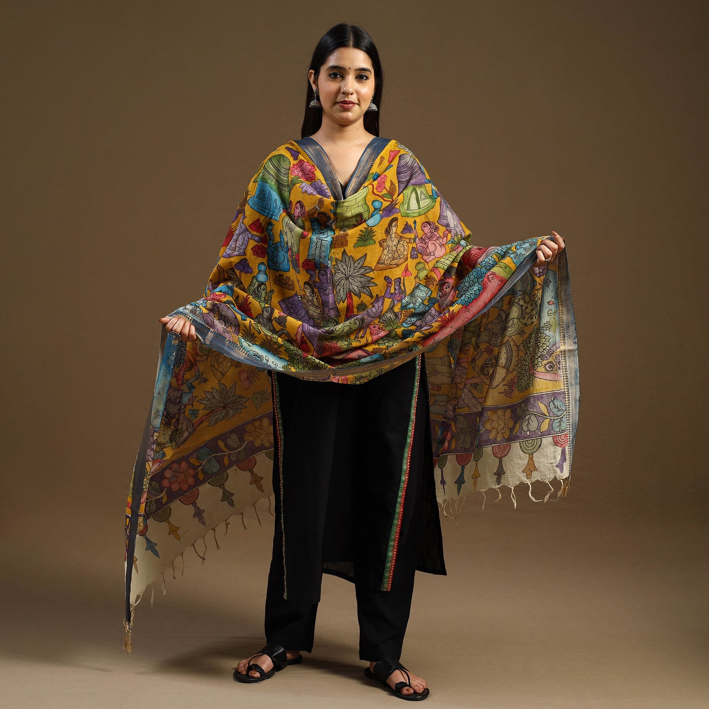 Yellow Pen Work Chanderi Silk Handpainted Kalamkari Dupatta