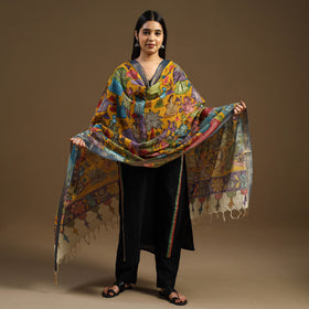 Yellow Pen Work Chanderi Silk Handpainted Kalamkari Dupatta