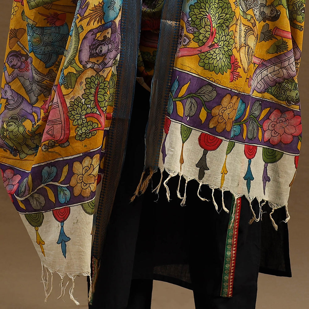 Yellow Pen Work Chanderi Silk Handpainted Kalamkari Dupatta