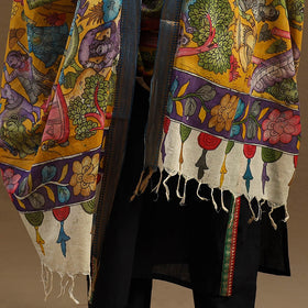 Yellow Pen Work Chanderi Silk Handpainted Kalamkari Dupatta