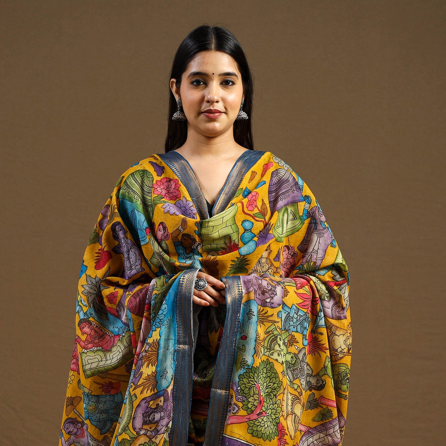 Yellow Pen Work Chanderi Silk Handpainted Kalamkari Dupatta