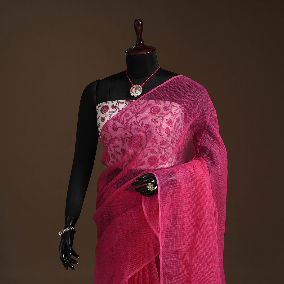 Pink Nazaakat Kota Doria Cotton Saree with Blouse and Jewellery