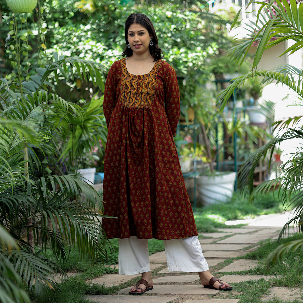 Maroon - Bagh Block Printed Cotton A-Line Kurta