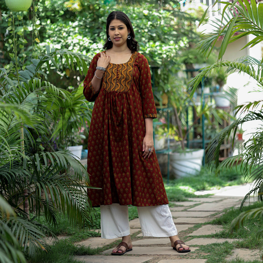 Maroon - Bagh Block Printed Cotton A-Line Kurta