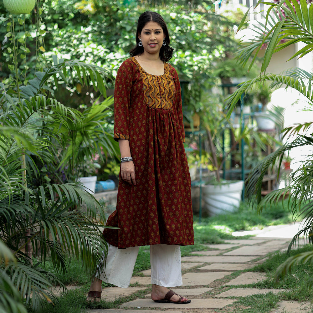 Maroon - Bagh Block Printed Cotton A-Line Kurta