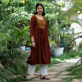 Buy Block Print Cotton A-Line Bagh Kurta For Women
