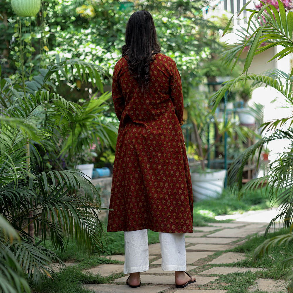 Maroon - Bagh Block Printed Cotton A-Line Kurta