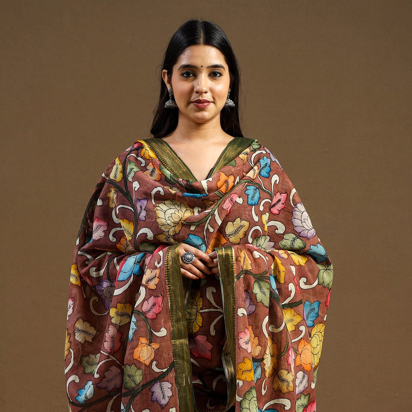 Brown - pen work chanderi silk handpainted kalamkari