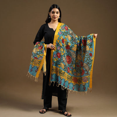 Blue - pen work chanderi silk handpainted kalamkari dupatta