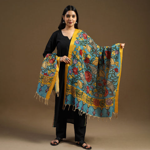 Blue - pen work chanderi silk handpainted kalamkari dupatta