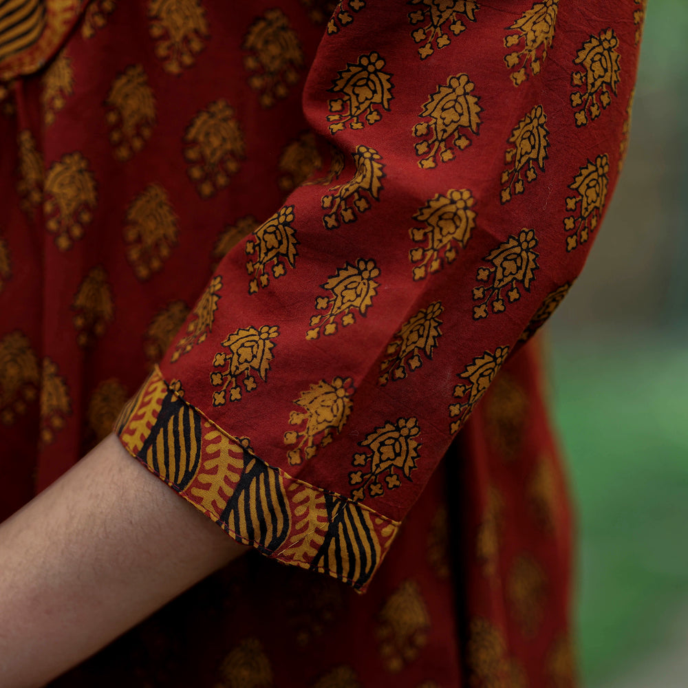 Maroon - Bagh Block Printed Cotton A-Line Kurta