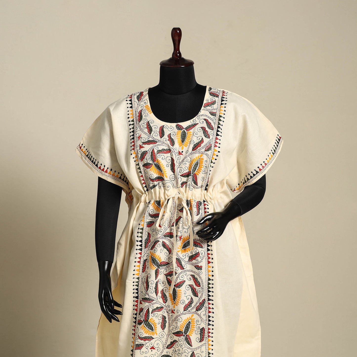 Beige - bengal kantha hand embroidery cotton kaftan (long)