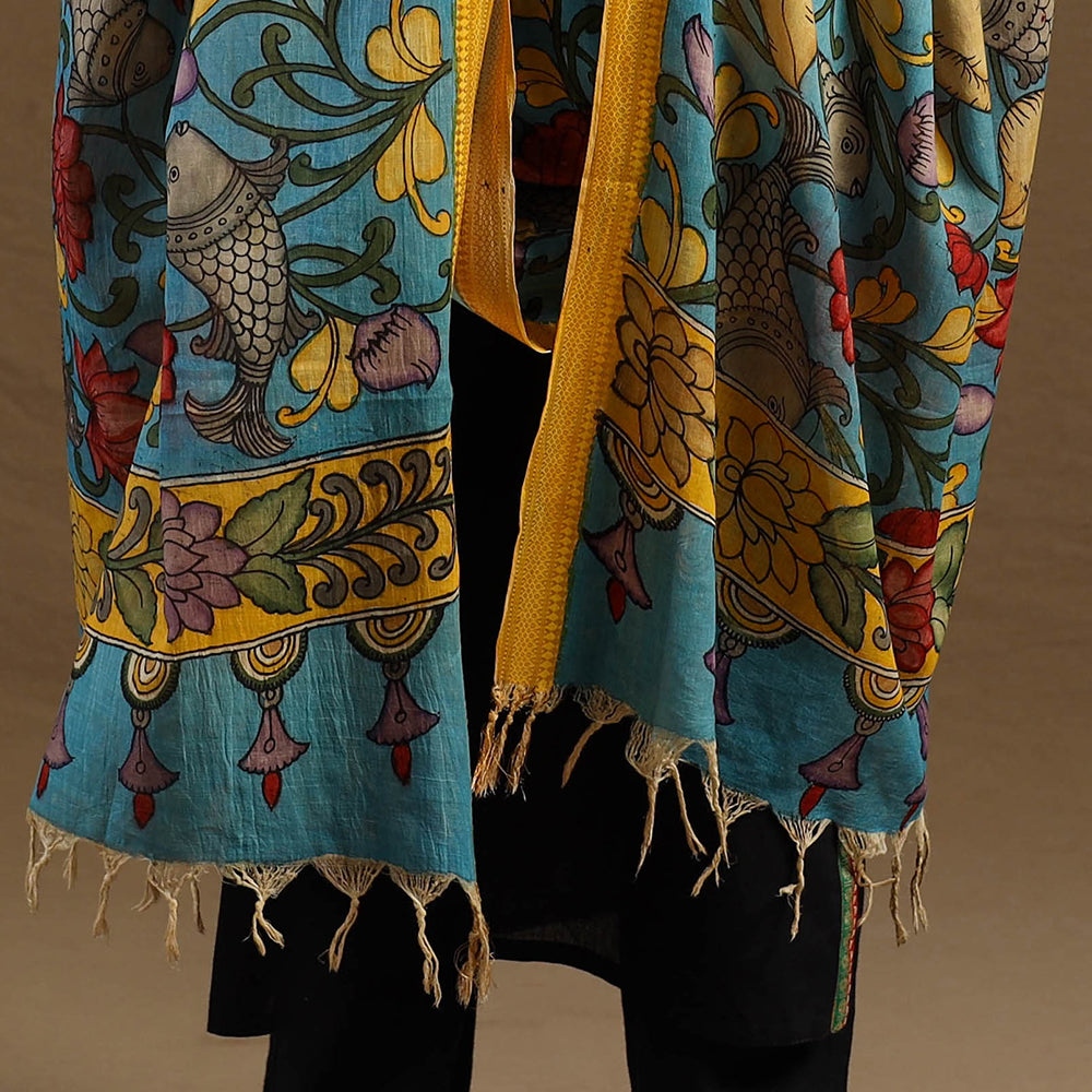 Blue - pen work chanderi silk handpainted kalamkari dupatta