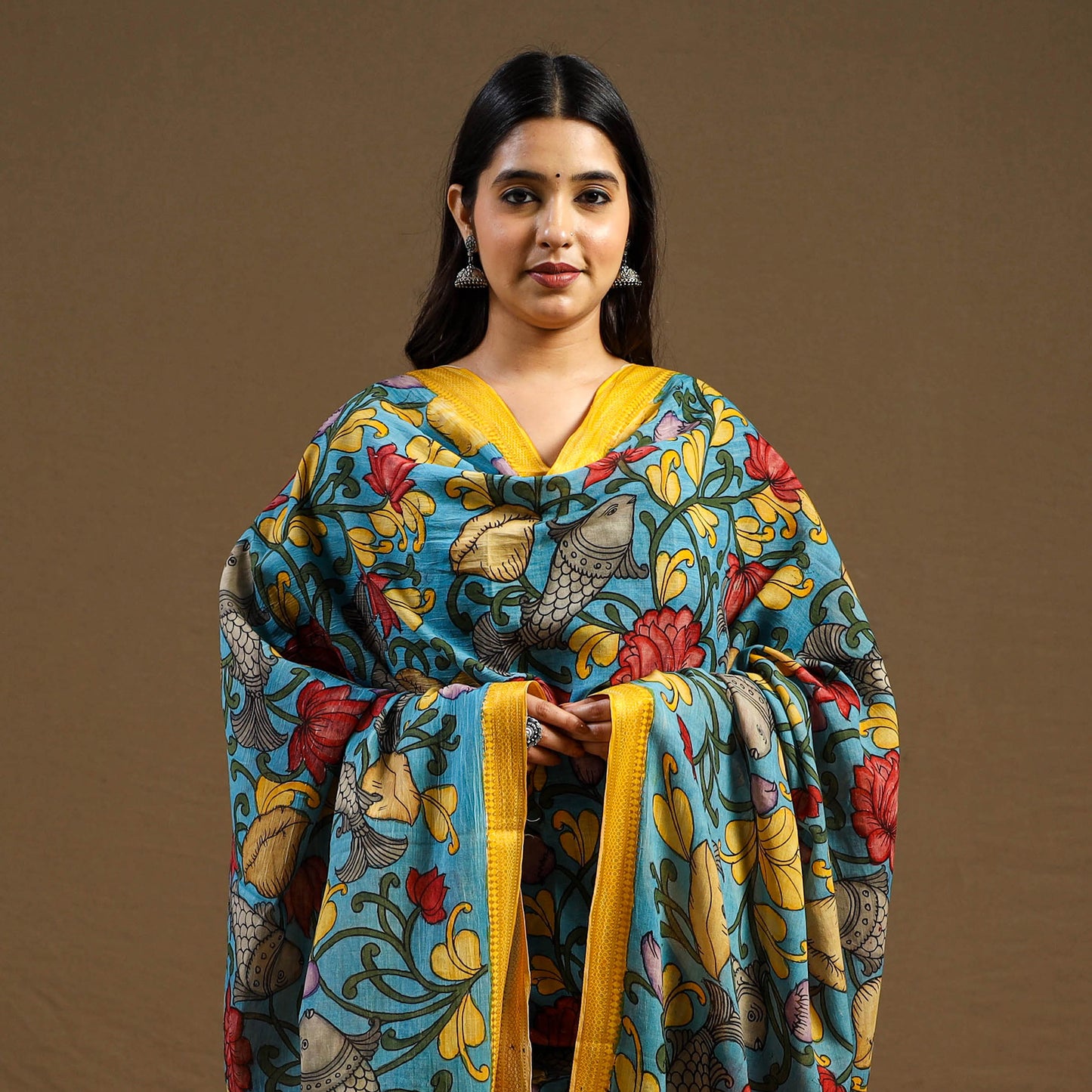 Blue - pen work chanderi silk handpainted kalamkari dupatta