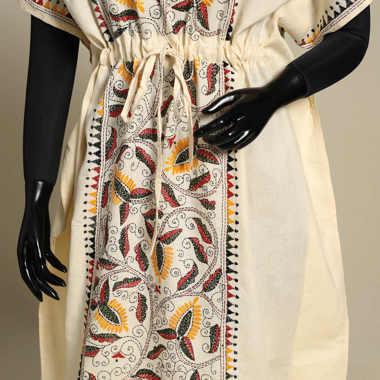Beige - bengal kantha hand embroidery cotton kaftan (long)