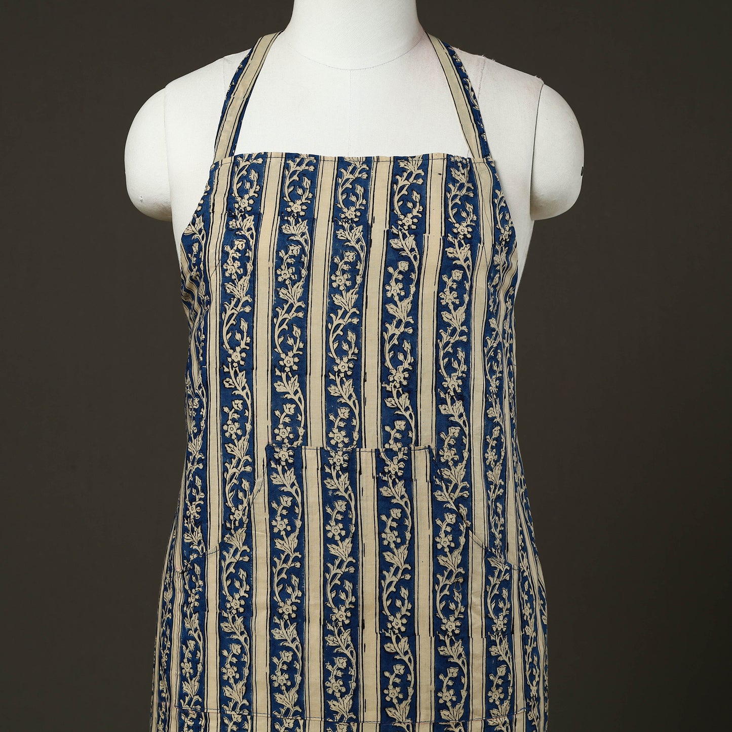 Blue - kalamkari cotton apron with pocket 59 - handcrafted