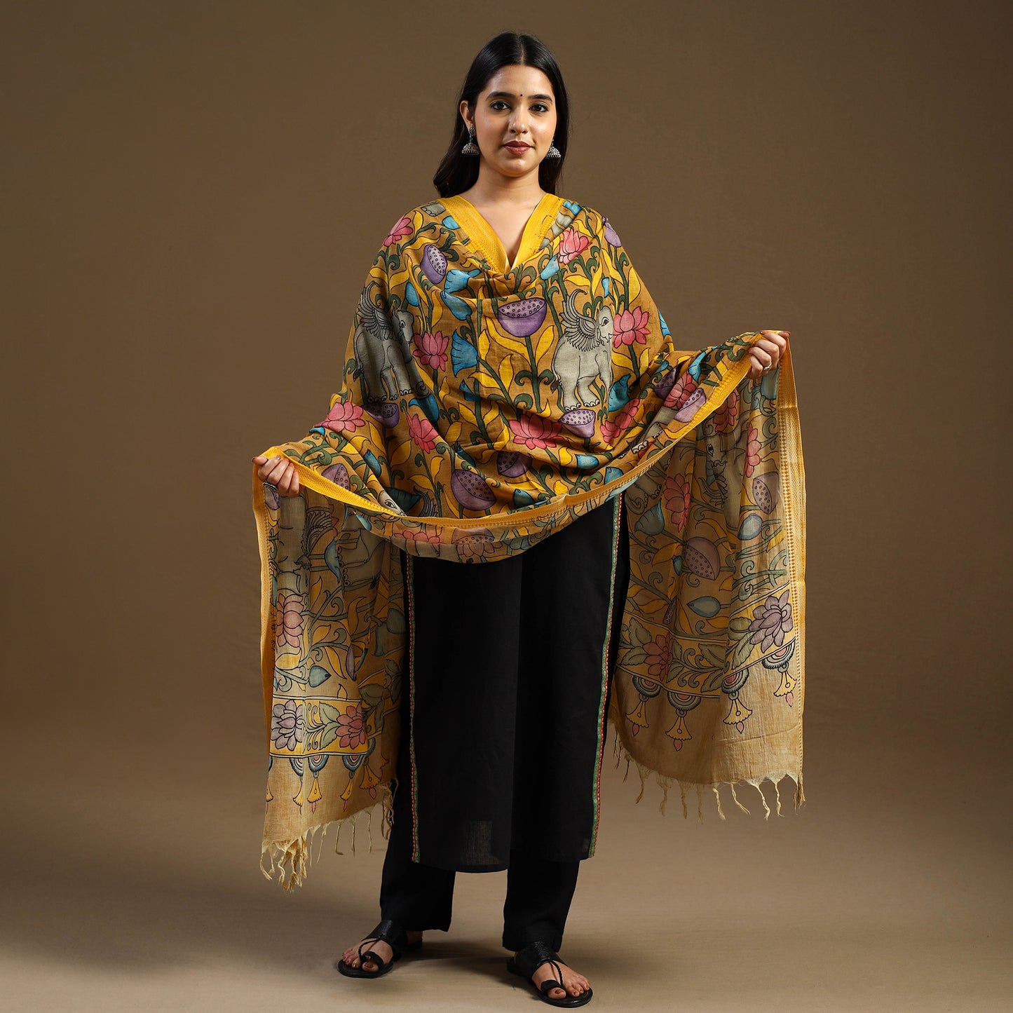 Orange - pen work chanderi silk handpainted kalamkari