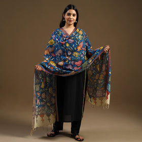 Blue Pen Work Chanderi Silk Handpainted Kalamkari Dupatta